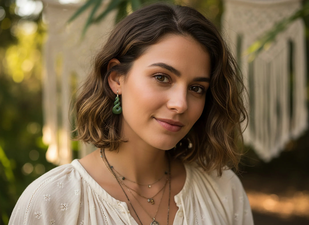 Natural Nephrite Green Jade Earrings Carved Triple Infinity Teardrop 14k solid yellow gold or filled or Sterling Silver unique simple drops - Spyglass Designs