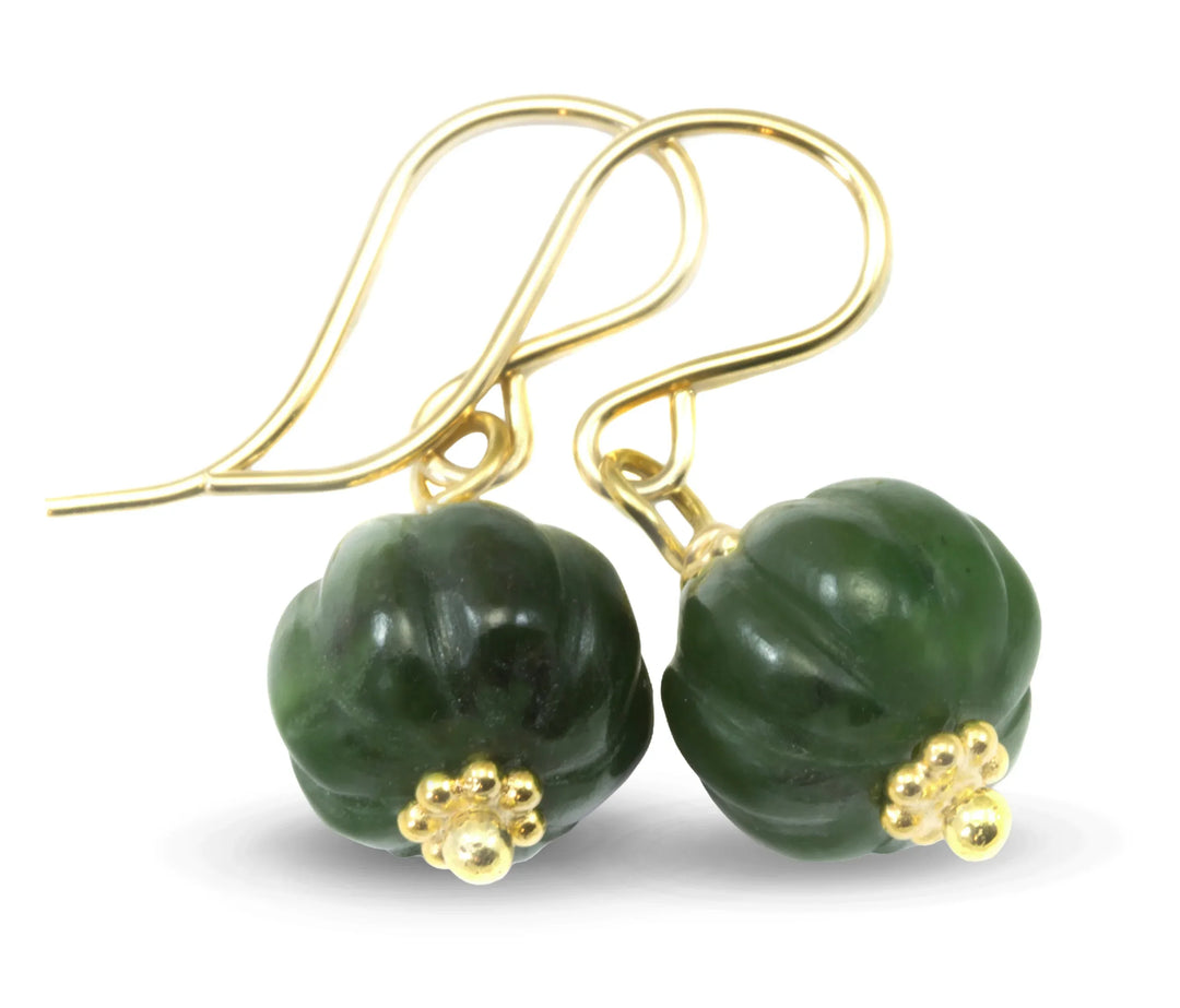 Nephrite Green Jade Earrings Carved Round Pumpkin Shape Smooth Sterling Silver or 14k Solid Gold or Filled Swirl Dainty Simple Lightweight - Spyglass Designs