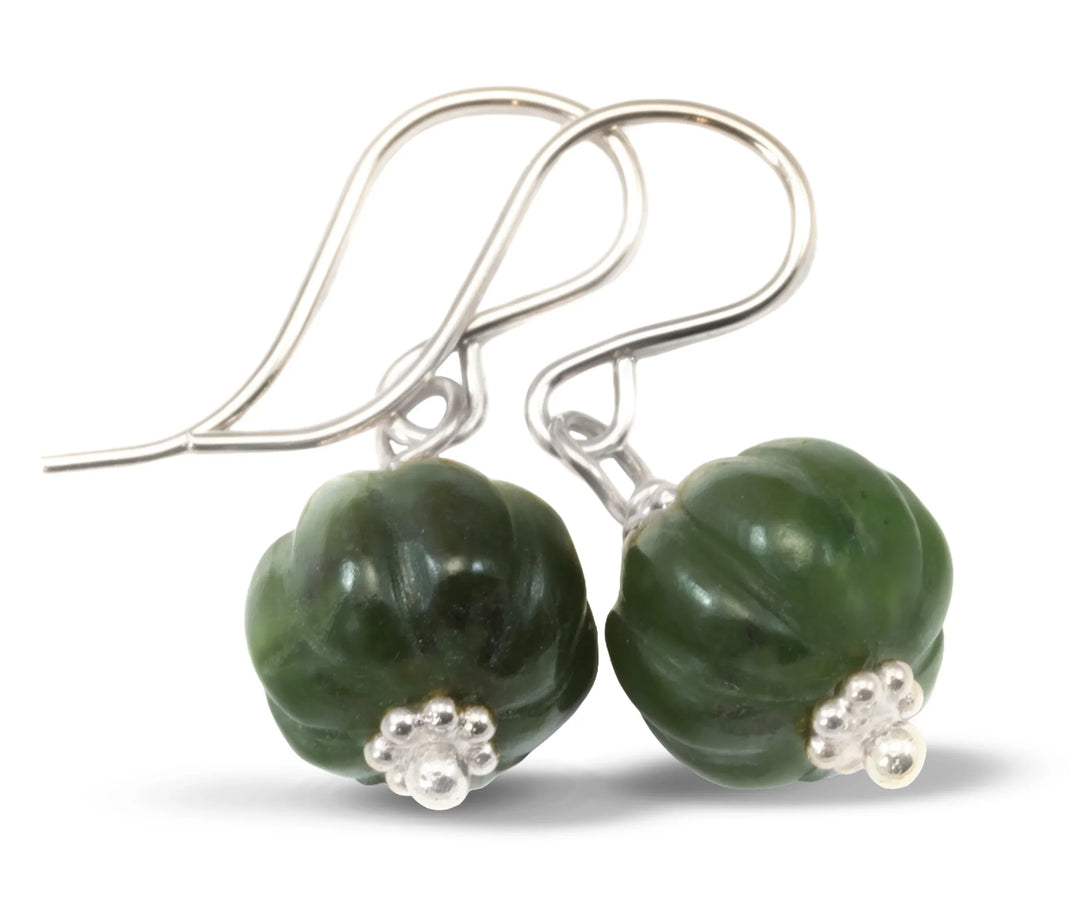 Nephrite Green Jade Earrings Carved Round Pumpkin Shape Smooth Sterling Silver or 14k Solid Gold or Filled Swirl Dainty Simple Lightweight - Spyglass Designs