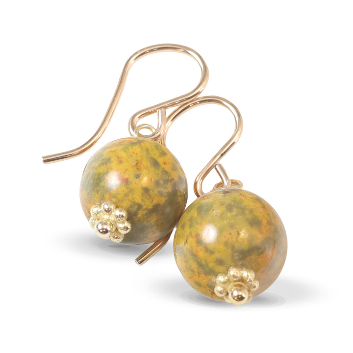 Bumble Bee Jasper Earrings  Smooth Round Drops Yellow Orange 14k Solid Gold or Filled  or Sterling Silver Drops Spyglass Designs
