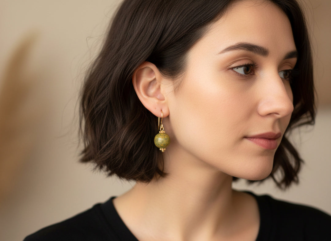 Bumble Bee Jasper Earrings  Smooth Round Drops Yellow Orange 14k Solid Gold or Filled  or Sterling Silver Drops Spyglass Designs