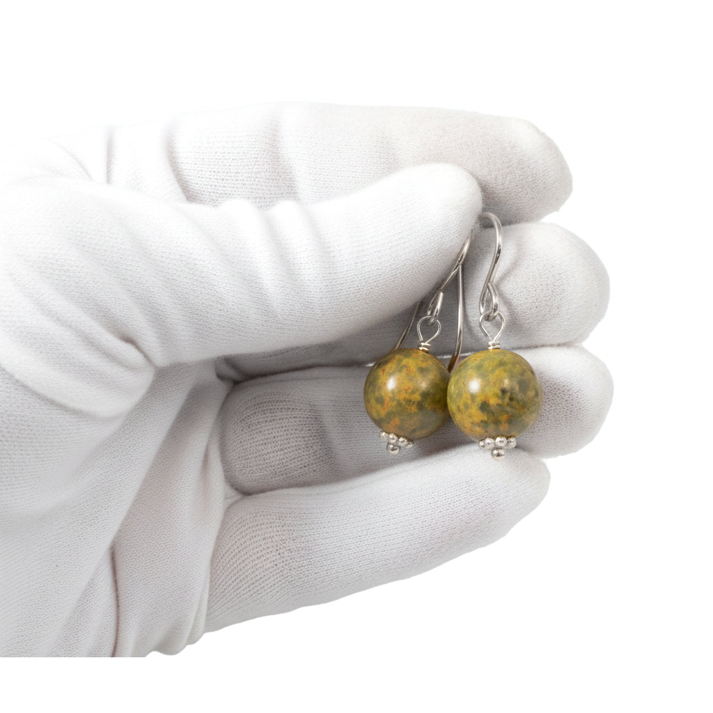 Bumble Bee Jasper Earrings  Smooth Round Drops Yellow Orange 14k Solid Gold or Filled  or Sterling Silver Drops Spyglass Designs