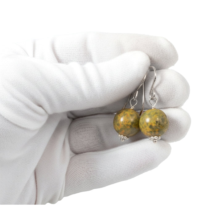 Bumble Bee Jasper Earrings  Smooth Round Drops Yellow Orange 14k Solid Gold or Filled  or Sterling Silver Drops Spyglass Designs