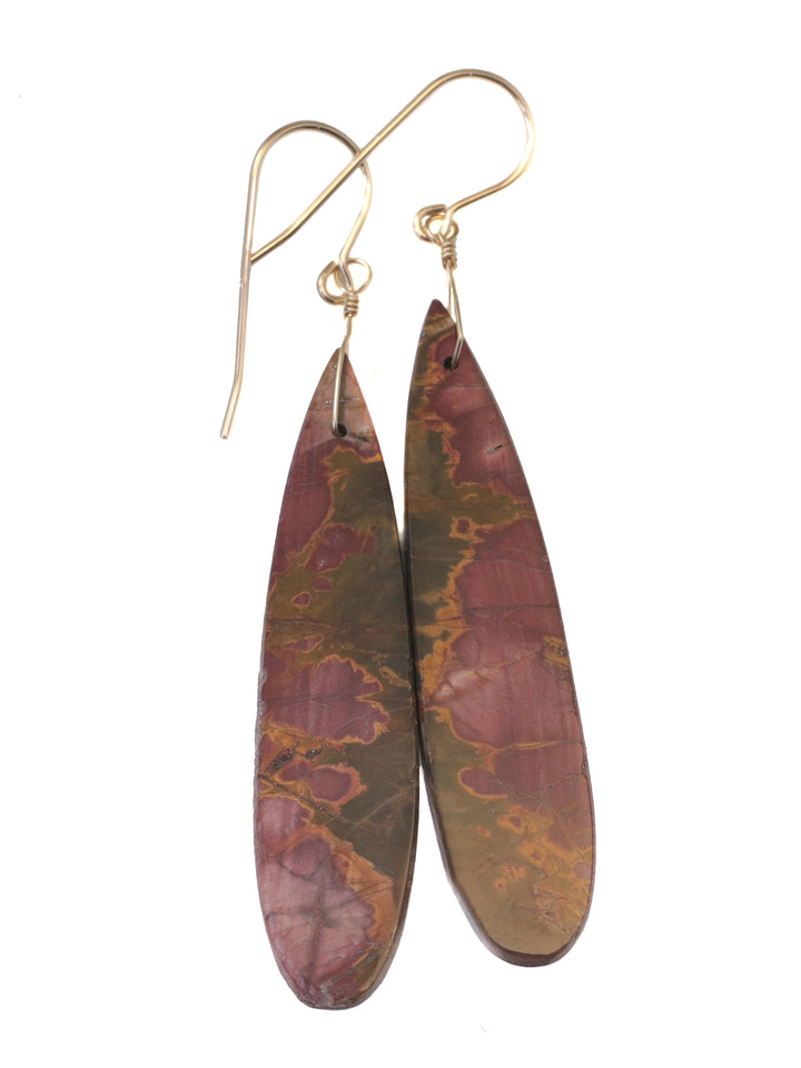 Red Creek Jasper Earrings Red Terra Cotta Brown 14k solid gold or filled or Sterling Silver Smooth Long Dangle Natural Simple Drops 2.5 In