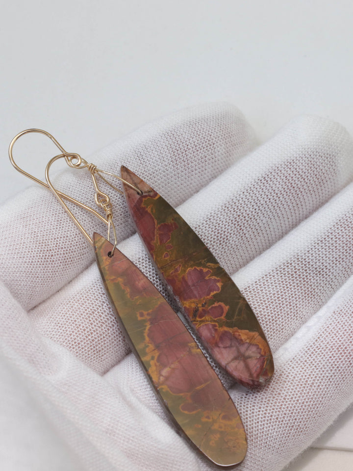Red Creek Jasper Earrings Red Terra Cotta Brown 14k solid gold or filled or Sterling Silver Smooth Long Dangle Natural Simple Drops 2.5 In