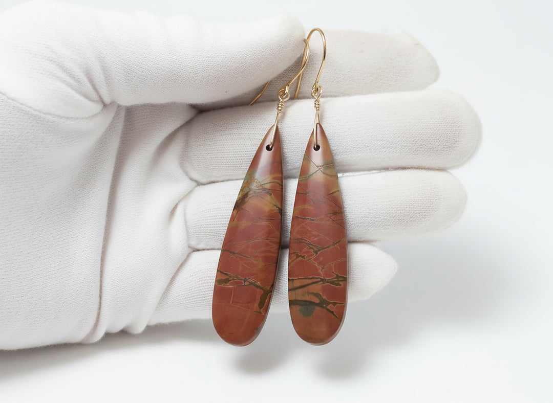 Red Creek Jasper Earrings Red Terra Cotta Brown 14k solid gold or filled or Sterling Silver Smooth Long Dangle Natural Simple Drops 2.5 In