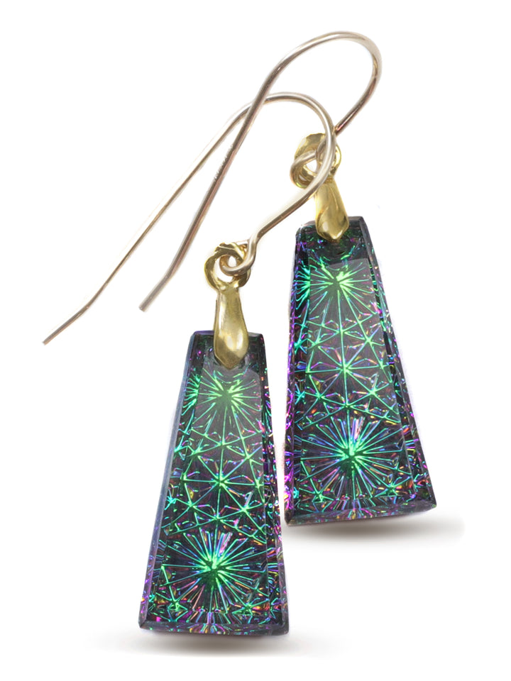 Kaleidoscope Crystal Earrings Electric Peacock Green Engraved Rectangular 14k Solid Gold or Filled or Sterling Silver  1.5 Inches (Copy)