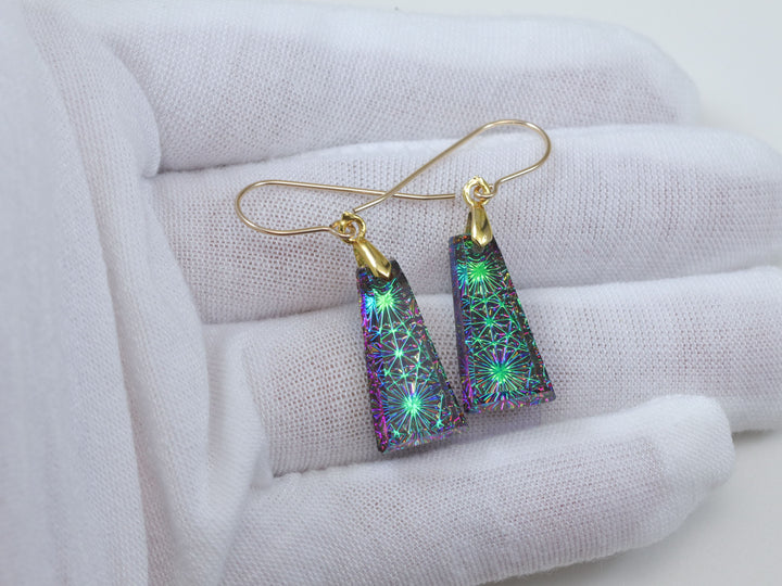 Kaleidoscope Crystal Earrings Electric Peacock Green Engraved Rectangular 14k Solid Gold or Filled or Sterling Silver  1.5 Inches (Copy)