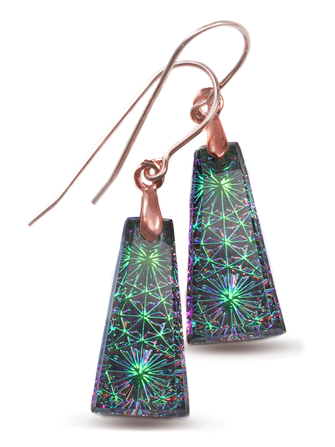 Kaleidoscope Crystal Earrings Electric Peacock Green Engraved Rectangular 14k Solid Gold or Filled or Sterling Silver  1.5 Inches (Copy)