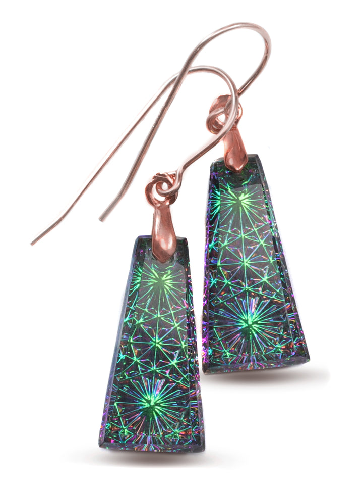 Kaleidoscope Crystal Earrings Electric Peacock Green Engraved Rectangular 14k Solid Gold or Filled or Sterling Silver  1.5 Inches (Copy)