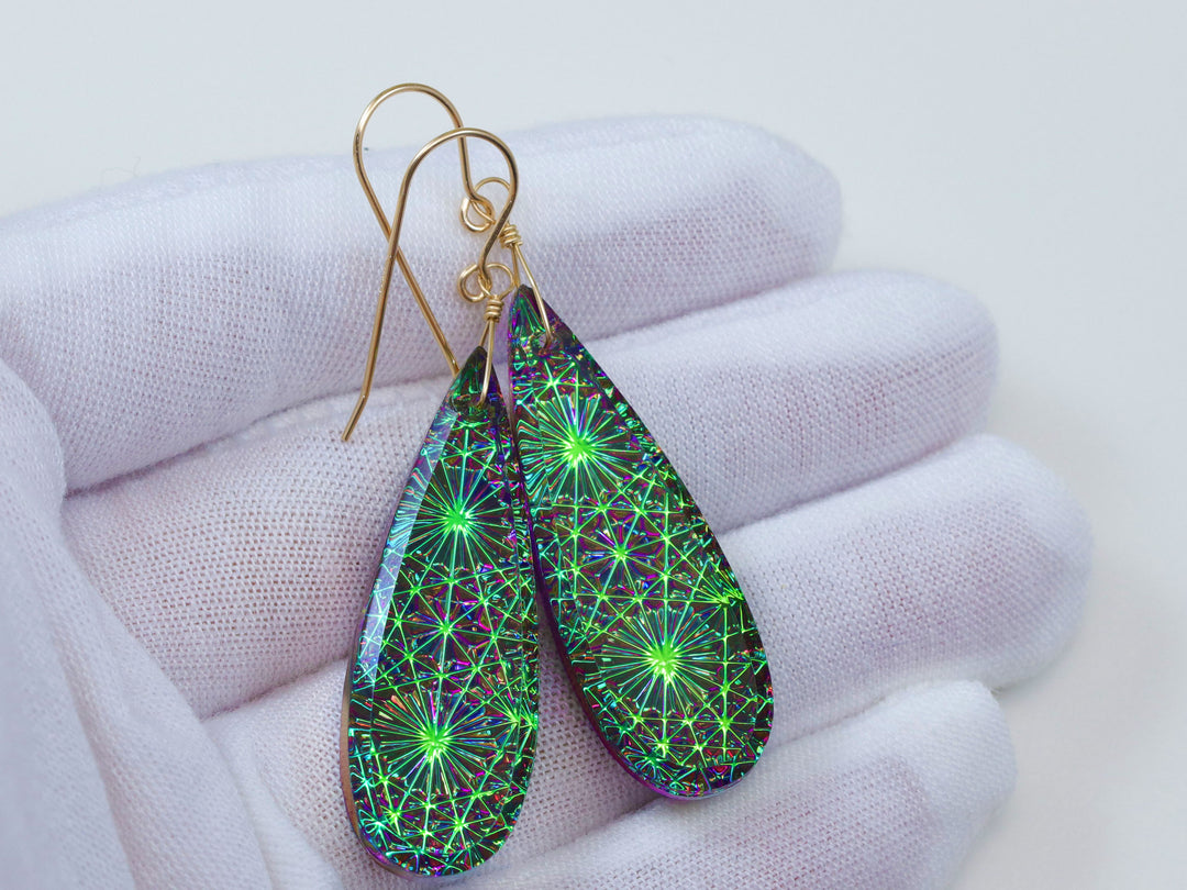 Kaleidoscope Crystal Earrings Electric Peacock Green Engraved Large Teardrops 14k Solid Gold or Filled or Sterling Silver  2.3 "