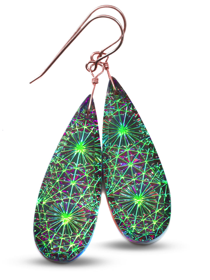 Kaleidoscope Crystal Earrings Electric Peacock Green Engraved Large Teardrops 14k Solid Gold or Filled or Sterling Silver  2.3 "