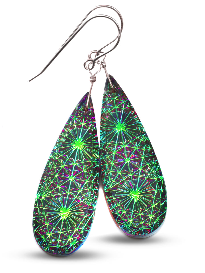 Kaleidoscope Crystal Earrings Electric Peacock Green Engraved Large Teardrops 14k Solid Gold or Filled or Sterling Silver  2.3 "