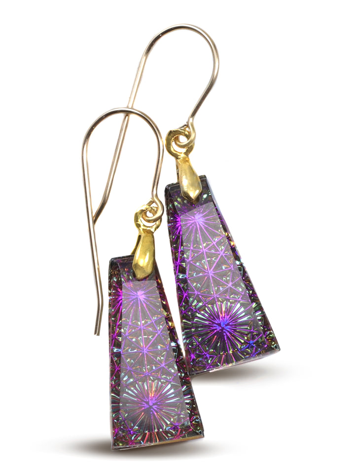 Kaleidoscope Crystal Earrings Electric Peacock Purple Engraved Rectangular 14k Solid Gold or Filled or Sterling Silver  1.5 Inches