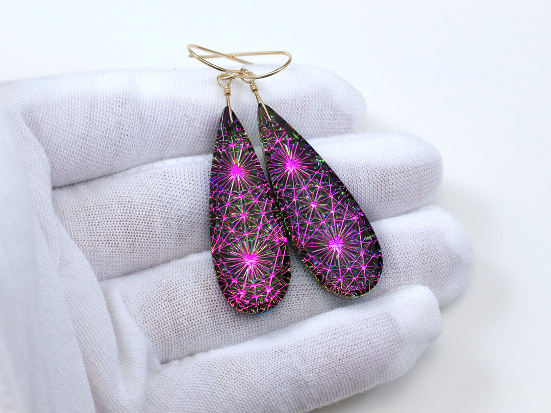 Kaleidoscope Crystal Earrings Electric Peacock Pink Engraved Large Teardrops 14k Solid Gold or Filled or Sterling Silver  2.3 "