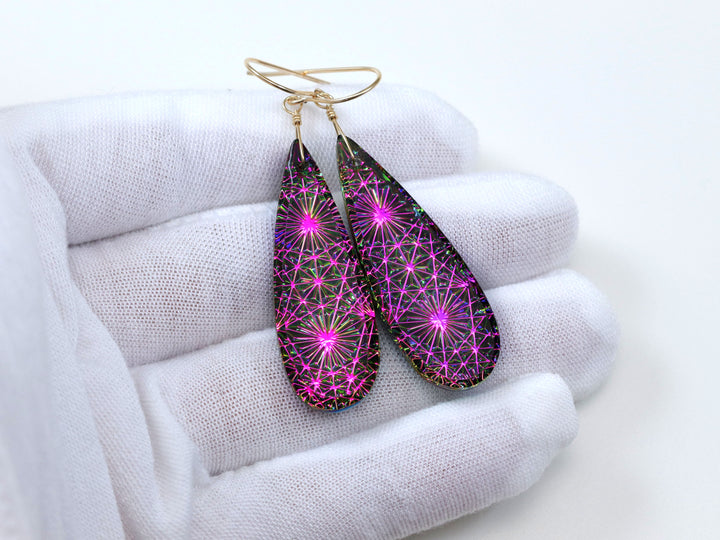 Kaleidoscope Crystal Earrings Electric Peacock Pink Engraved Large Teardrops 14k Solid Gold or Filled or Sterling Silver  2.3 "