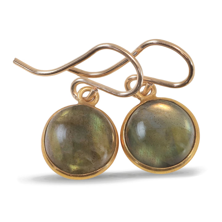 Blue Flash Labradorite Earrings Small Simple Drops Bezel Set Round Drop Dangle Solid 14k Gold or Filled or Sterling Silver Dainty Daily - Spyglass Designs