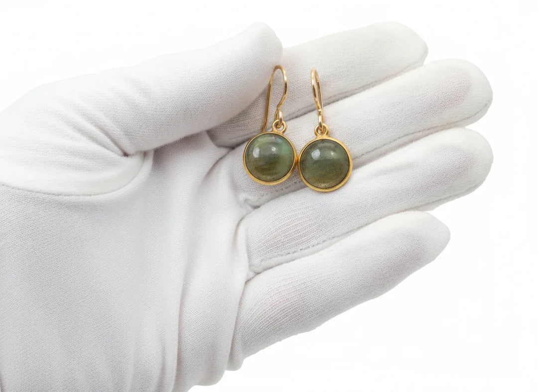 Blue Flash Labradorite Earrings Small Simple Drops Bezel Set Round Drop Dangle Solid 14k Gold or Filled or Sterling Silver Dainty Daily - Spyglass Designs