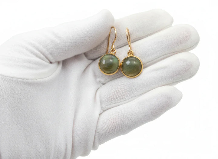Blue Flash Labradorite Earrings Small Simple Drops Bezel Set Round Drop Dangle Solid 14k Gold or Filled or Sterling Silver Dainty Daily - Spyglass Designs