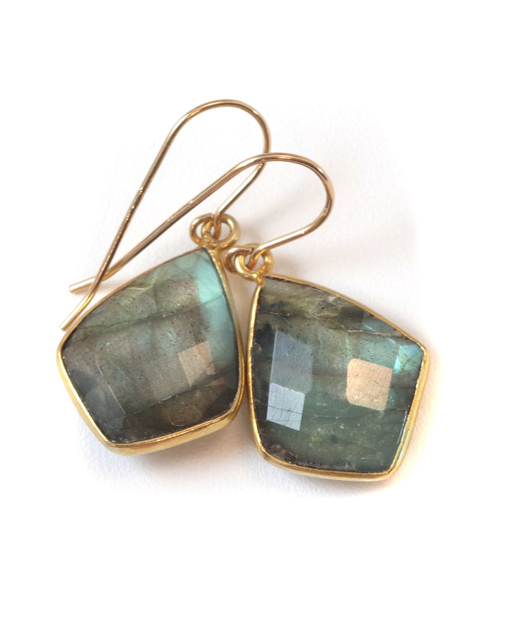 Labradorite Earrings Faceted Triangle Cut 14k Solid Gold or Filled Color Golden Flash High Quality Classic Simple Bezeled Spyglass Designs