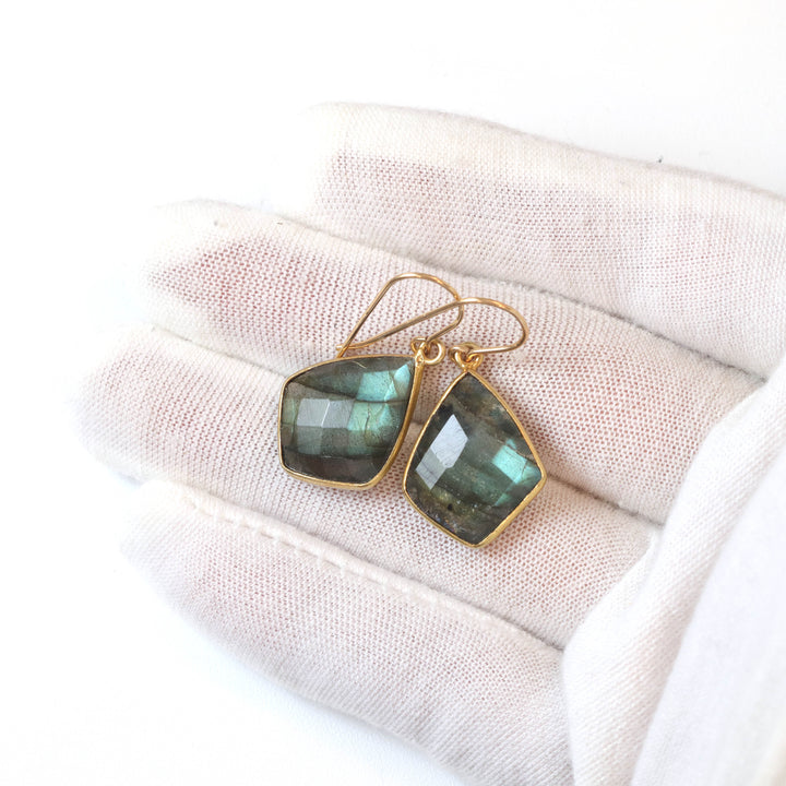 Labradorite Earrings Faceted Triangle Cut 14k Solid Gold or Filled Color Golden Flash High Quality Classic Simple Bezeled Spyglass Designs