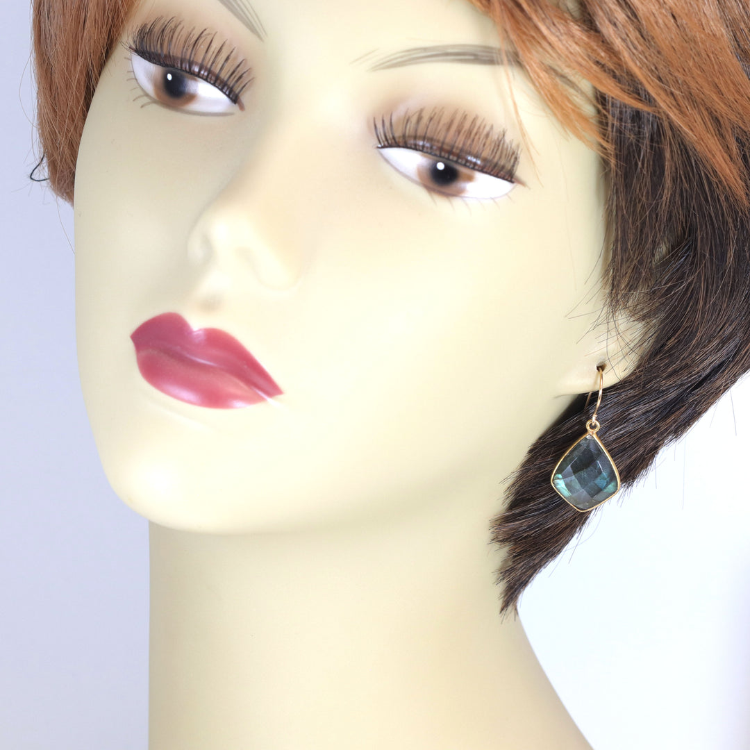 Labradorite Earrings Faceted Triangle Cut 14k Solid Gold or Filled Color Golden Flash High Quality Classic Simple Bezeled Spyglass Designs
