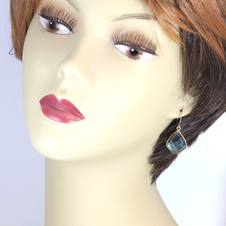 Labradorite Earrings Faceted Triangle Cut 14k Solid Gold or Filled Color Golden Flash High Quality Classic Simple Bezeled Spyglass Designs