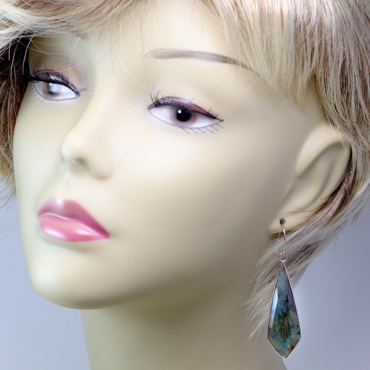 Labradorite Earrings Natural Long Large 2.5 Inches 14k solid gold or filled  or Sterling Silver Pointed Teardrop Drops  Blue Flash Drops