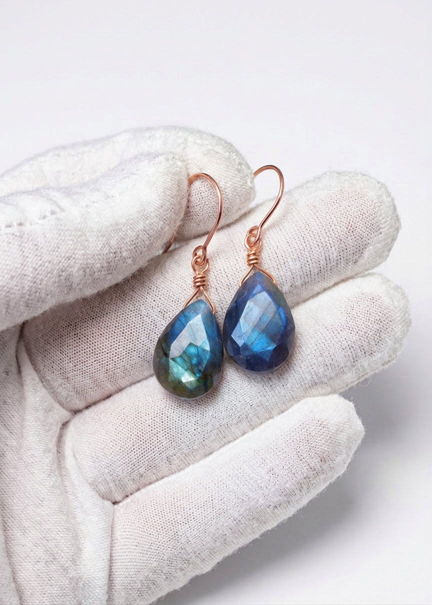 Labradorite Faceted Earrings Blue Flash 1.2" – Sterling Silver or 14k Gold