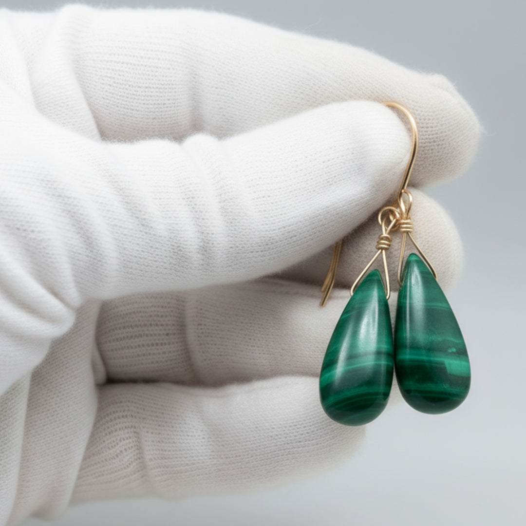 Malachite Earrings Green Teardrop smooth Natural Dangle Drops Sterling Silver or 14k Solid Gold or Filled Beaded simple Spyglass Designs