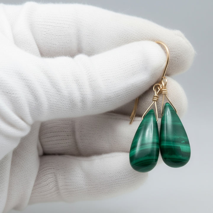 Malachite Earrings Green Teardrop smooth Natural Dangle Drops Sterling Silver or 14k Solid Gold or Filled Beaded simple Spyglass Designs