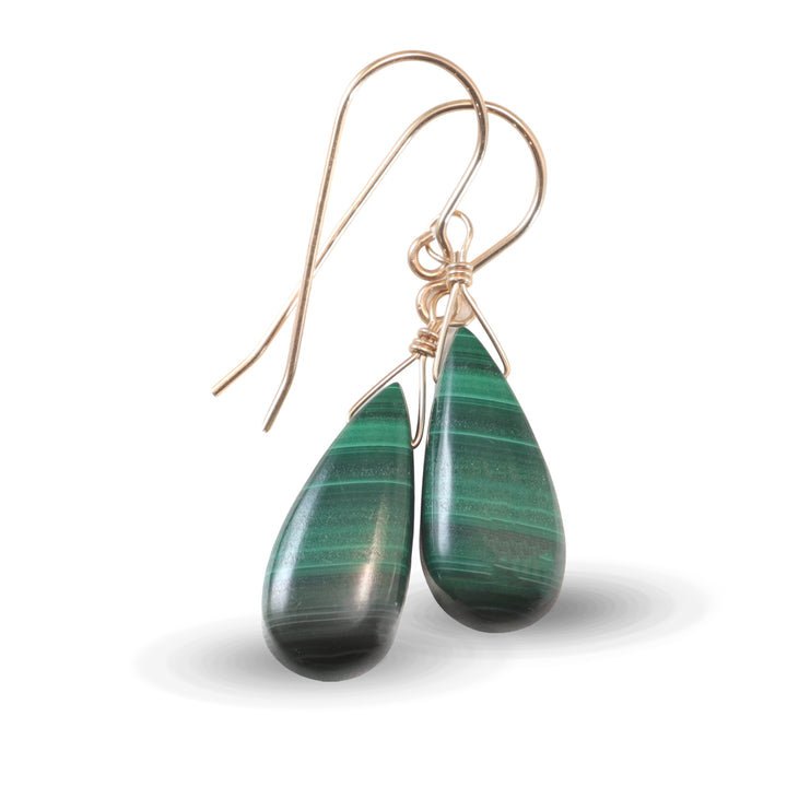 Malachite Earrings Green Teardrop smooth Natural Dangle Drops Sterling Silver or 14k Solid Gold or Filled Beaded simple Spyglass Designs