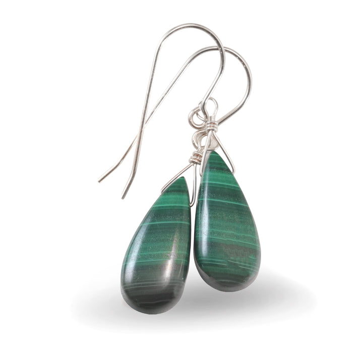 Malachite Earrings Green Teardrop smooth Natural Dangle Drops Sterling Silver or 14k Solid Gold or Filled Beaded simple Spyglass Designs