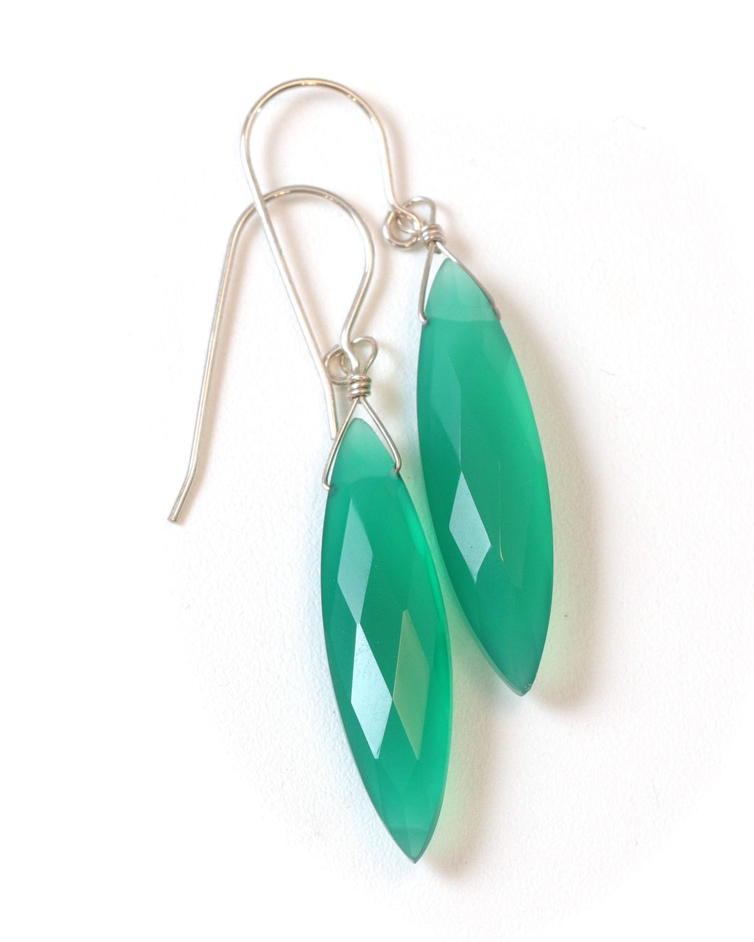 Green Onyx Earrings Faceted Long AAA Drop Dangle Large Narrow Teardrop Sterling Silver or 14k Gold Filled Rich Emerald Green Color Drops