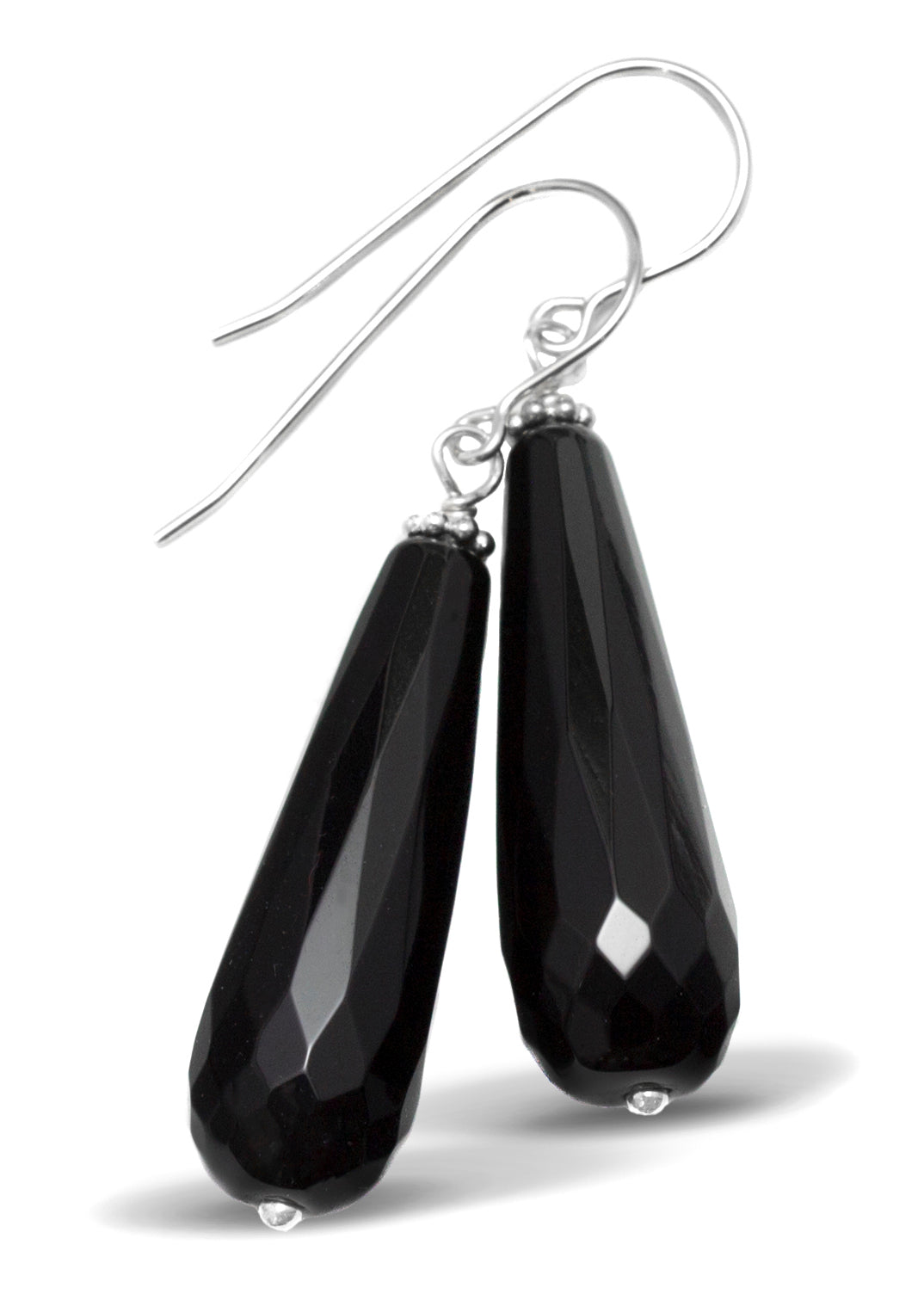 Black Onyx Earrings Faceted Large Long Rounded Teardrop Dangle Sterling Silver or 14k Yellow solid Gold or Filled Classic Briolette Drops