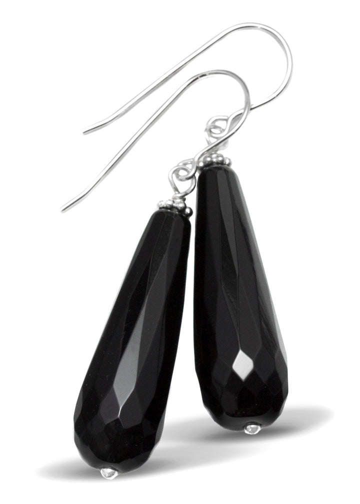 Black Onyx Earrings Faceted Large Long Rounded Teardrop Dangle Sterling Silver or 14k Yellow solid Gold or Filled Classic Briolette Drops