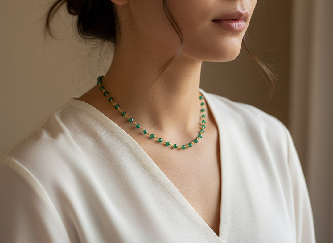 Green Onyx Necklace Faceted Spaced Link Beaded 14k Gold Fill or Sterling Silver Necklace 18 19 Inches Rich Emerald Green in Color 3mm or 5mm