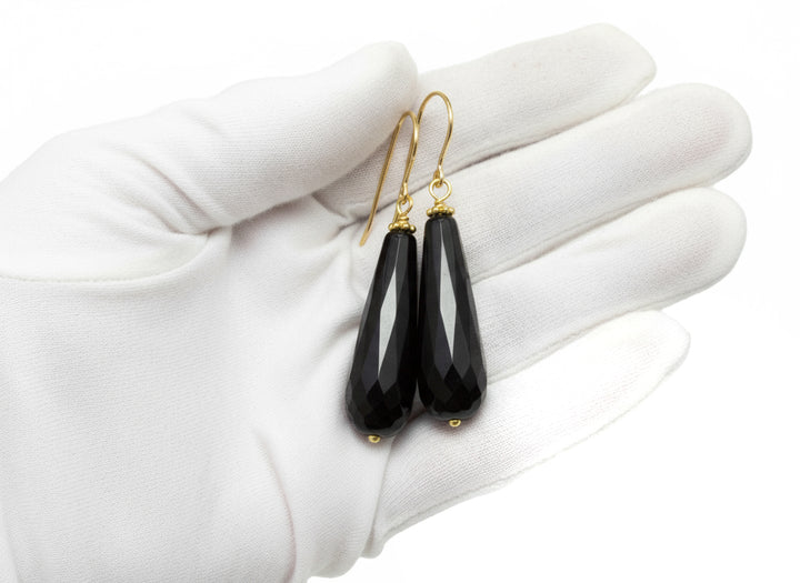 Black Onyx Earrings Faceted Large Long Rounded Teardrop Dangle Sterling Silver or 14k Yellow solid Gold or Filled Classic Briolette Drops
