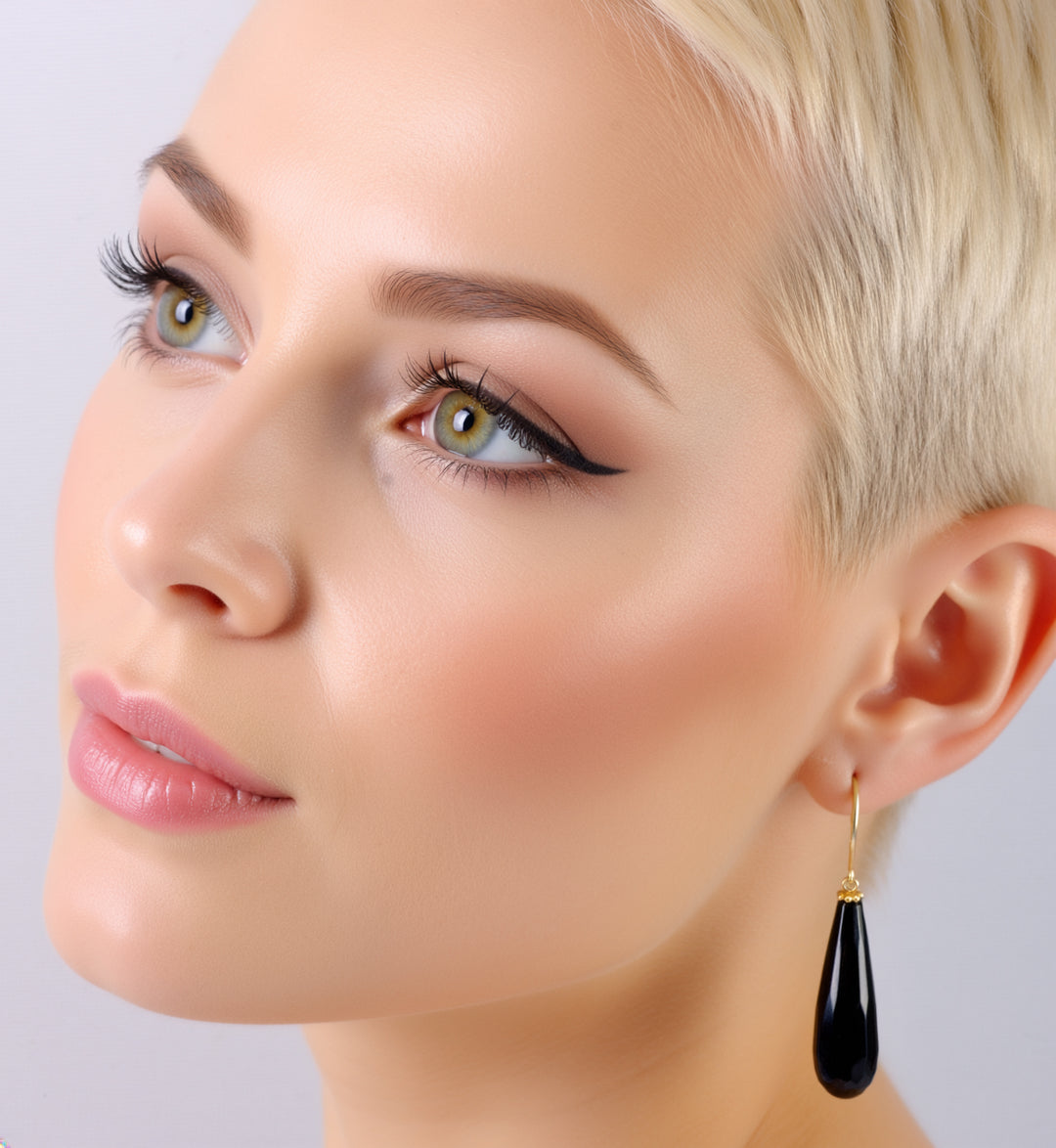 Black Onyx Earrings Faceted Large Long Rounded Teardrop Dangle Sterling Silver or 14k Yellow solid Gold or Filled Classic Briolette Drops
