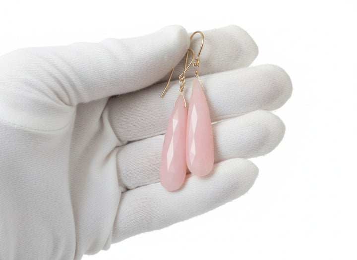 Pink Peruvian Opal Earrings Faceted Long Pear Teardrops 14k Solid Yellow Gold or Filled or Sterling Silver Simple Soft Pink Opals Earthy