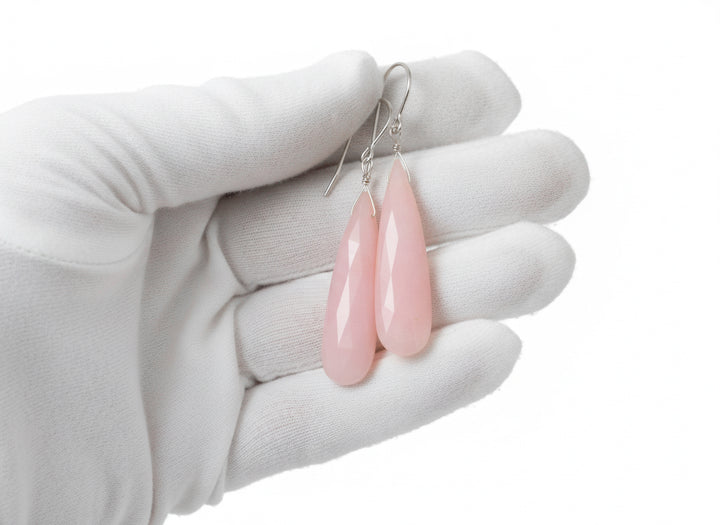 Pink Peruvian Opal Earrings Faceted Long Pear Teardrops 14k Solid Yellow Gold or Filled or Sterling Silver Simple Soft Pink Opals Earthy