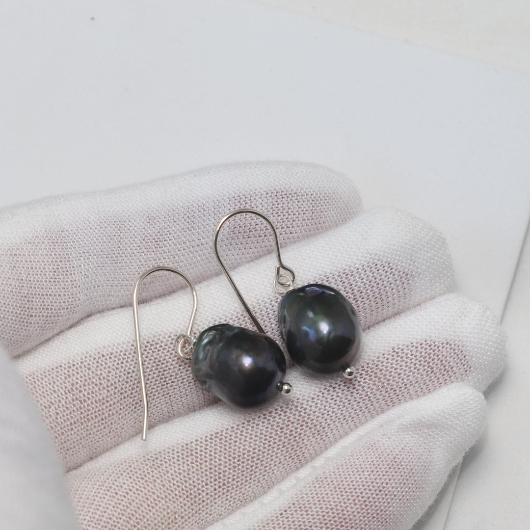 Baroque Pearl Earrings Black Peacock Large Freshwater Cultured Pearls 14k Solid Gold or Filled or Sterling Silver Natural Classic Drops