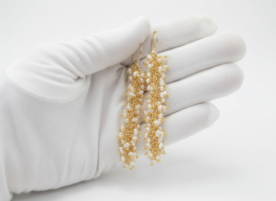 Seed Pearl Earrings 14k Solid Gold or Sterling Silver White Dense Cluster Freshwater Cultured Drops 2.5 Inches Tiny Pearls Dangles