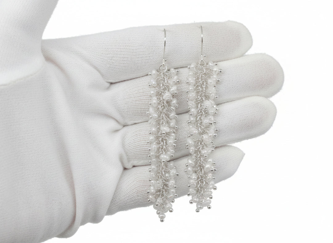 Seed Pearl Earrings 14k Solid Gold or Sterling Silver White Dense Cluster Freshwater Cultured Drops 2.5 Inches Tiny Pearls Dangles