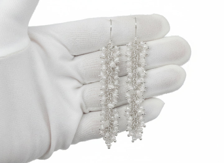 Seed Pearl Earrings 14k Solid Gold or Sterling Silver White Dense Cluster Freshwater Cultured Drops 2.5 Inches Tiny Pearls Dangles