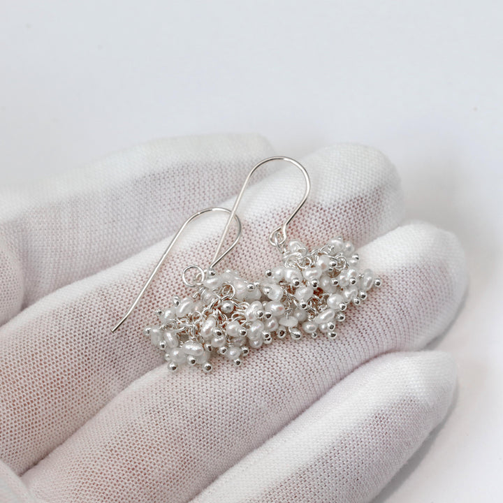 Seed Pearl Earrings  14k Solid Gold or Sterling Silver French Ear Wires White Dense Cluster Freshwater Drops 2 Inch Tiny Small Pearls Dangles