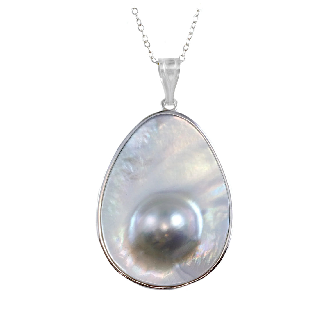 Blister Pearl Pendant Large Chain Silvery Mother of Pearl Natural High Luster Organic Shape - view 3