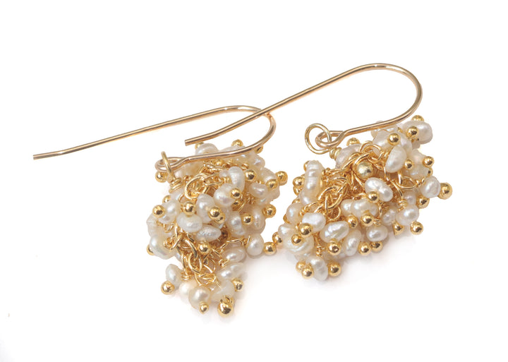 Seed Pearl Earrings  14k Solid Gold or Sterling Silver French Ear Wires White Dense Cluster Freshwater Drops 2 Inch Tiny Small Pearls Dangles