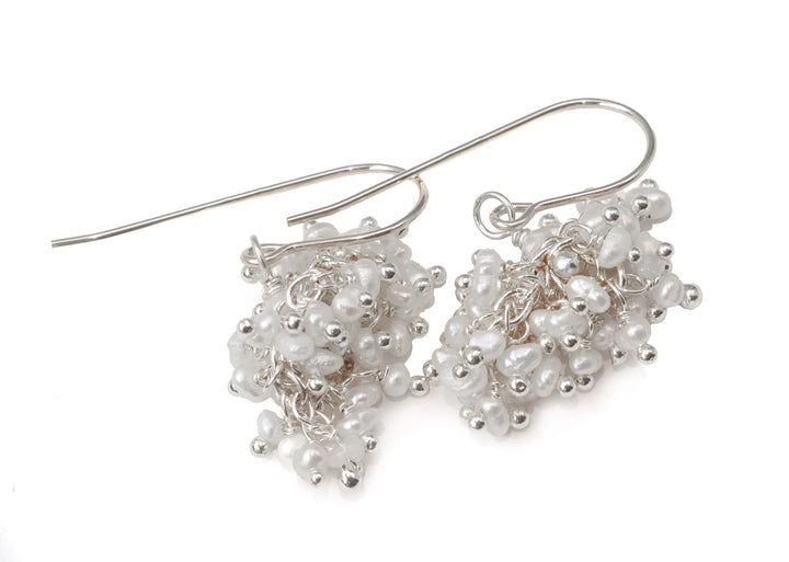 Seed Pearl Earrings  14k Solid Gold or Sterling Silver French Ear Wires White Dense Cluster Freshwater Drops 2 Inch Tiny Small Pearls Dangles