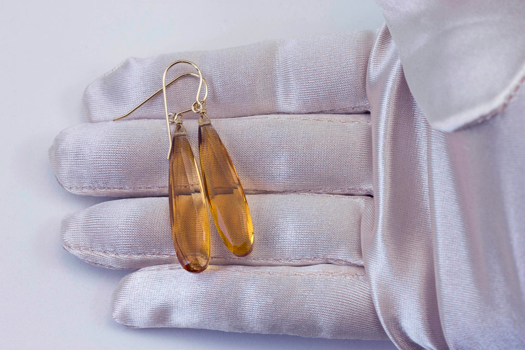 Yellow Champagne Simulated Topaz Earrings Faceted Large Long Dangle 14k Gold or Filled or Sterling Silver Classic Simple Clean 2 Inch Drops